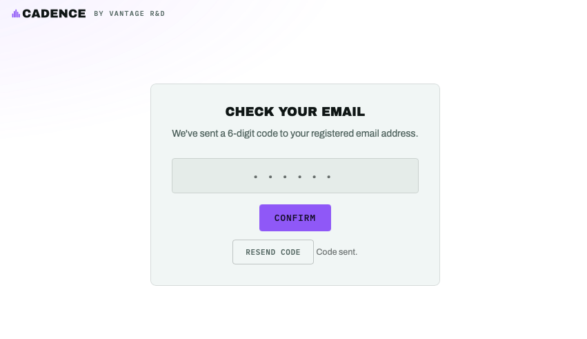 Cadence sign-in screen asking for a six-digit code sent by email